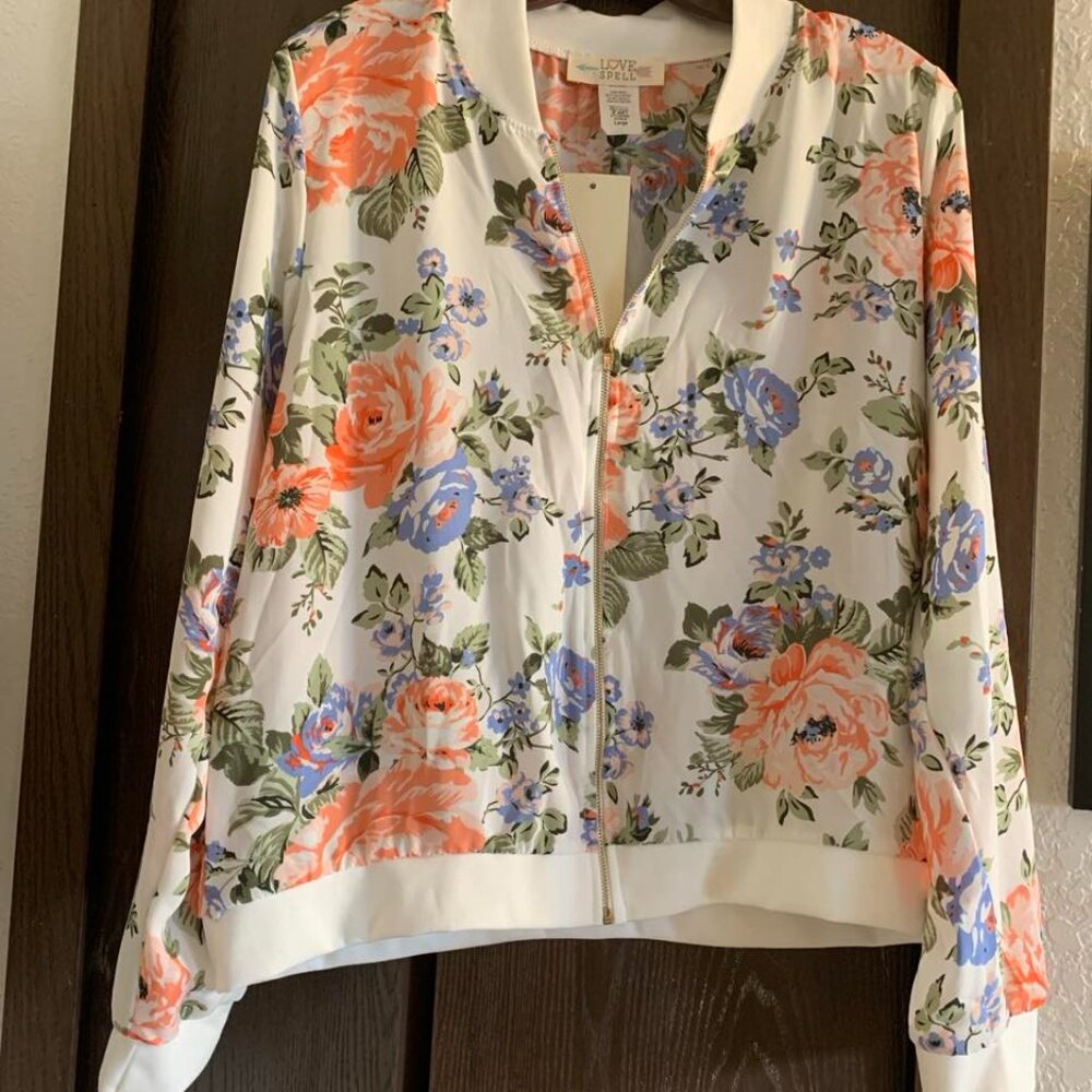 NWT Love Spell Floral Bomber Zip Front Jacket Size Large